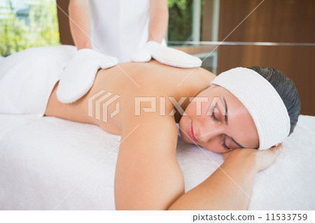 Beauty therapist rubbing womans back with heated mitts Beauty therapist rubbing womans back with heated mitts 11533759