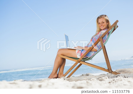 Blonde sitting on beach using her laptop smiling at camera 11533776