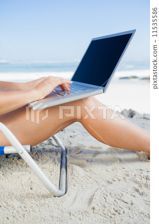 Woman sitting on beach using her laptop 11535586
