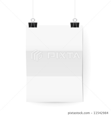 White paper sheet hanging on paper clips on white White paper sheet hanging on paper clips on white 11542984
