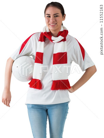 Football fan in white wearing scarf holding ball Football fan in white wearing scarf holding ball 11552163