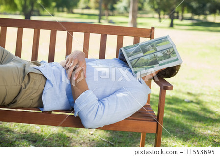 Man sleeping on park bench with newspaper over face 11553695
