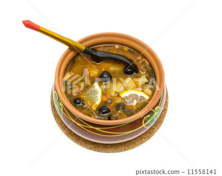 Hodgepodge soup in ceramic bowl isolated on white background Hodgepodge soup in ceramic bowl isolated on white background 11558141