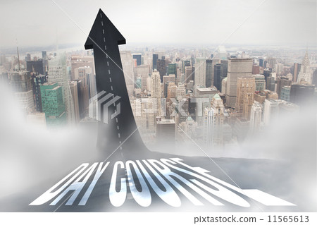 Merchandise against red stairs arrow pointing up against sky 11565613