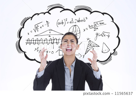 Composite image of businesswoman pulling a white screen 11565637