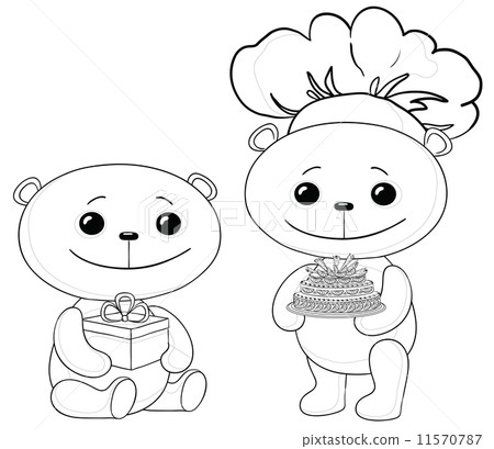 圖庫插圖: teddy bears with cake and gift box, contours