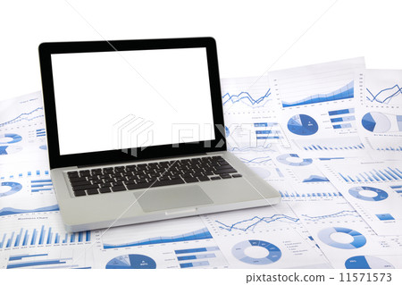 blank laptop on graphs, marketing research summarizing and finan 11571573