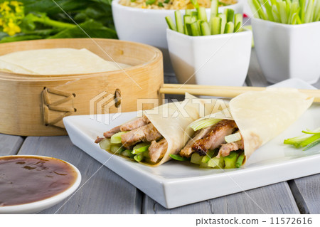 Peking Duck Wraps with spring onion, cucumber & hoisin sauce Peking Duck Wraps with spring onion, cucumber & hoisin sauce 11572616