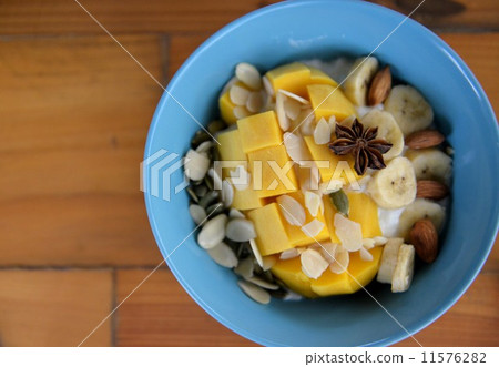 Bowl of granola, muesli and cereal topped with cream, nuts and fruits Bowl of granola, muesli and cereal topped with cream, nuts and fruits 11576282