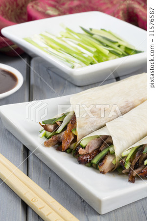 Peking Duck Wraps with spring onion, cucumber & hoisin sauce  11576587