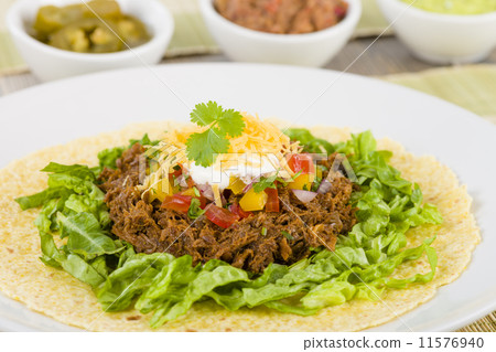 Mexican shredded beef in soft corn tortilla and toppings. Mexican shredded beef in soft corn tortilla and toppings. 11576940
