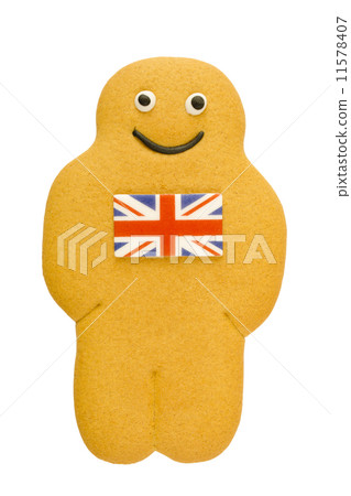 Gingerbread man with Union Flag icing on chest isolated on white  11578407