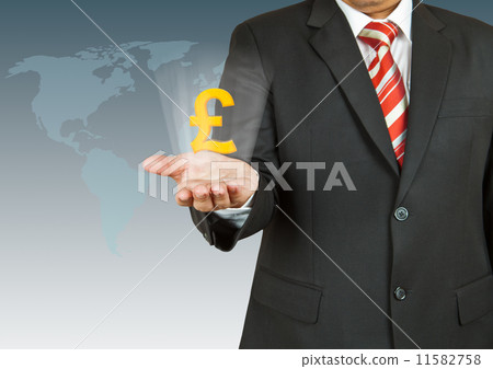 Businessman with pound symbol over his hand 11582758