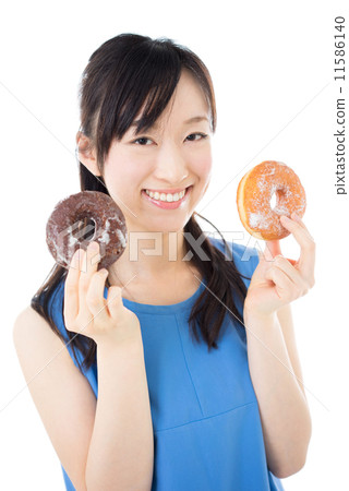 A woman with a donut on both hands A woman with a donut on both hands 11586140