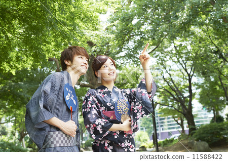 A man and a woman in a yukata watching afar A man and a woman in a yukata watching afar 11588422