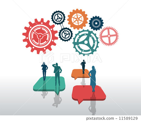 Business people standing on speech bubbles with large cogs and w 11589129