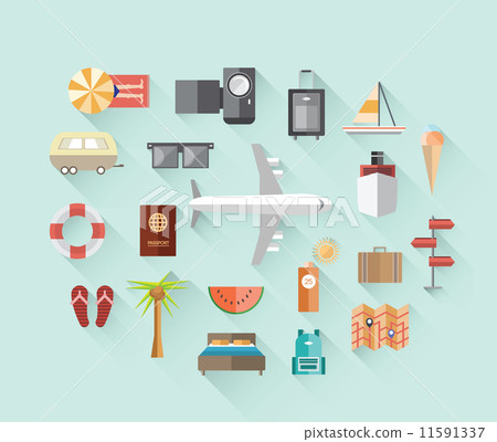 Travel and tourism icons on blue-插圖素材 [11591337] - PIXTA圖庫