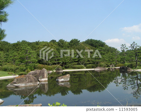 Scenery with pond and trees, blue sky and white clouds of inage park like parkyard garden Scenery with pond and trees, blue sky and white clouds of inage park like parkyard garden 11593005