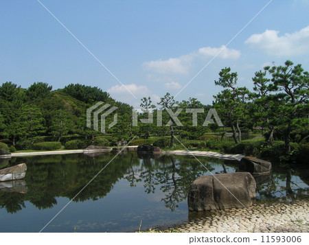 Scenery with pond and trees, blue sky and white clouds of inage park like parkyard garden Scenery with pond and trees, blue sky and white clouds of inage park like parkyard garden 11593006