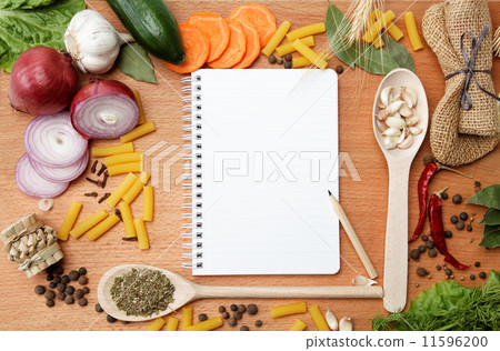 notebook for recipes and spices on wooden table notebook for recipes and spices on wooden table 11596200