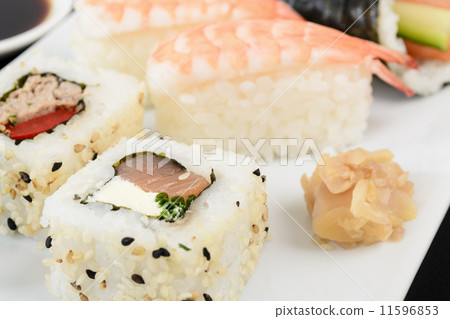 Sushi Platter - Uramaki, Nigiri & Temaki with wasabi and gari  Sushi Platter - Uramaki, Nigiri & Temaki with wasabi and gari  11596853