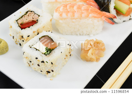 Sushi Platter - Uramaki, Nigiri & Temaki with wasabi and gari  Sushi Platter - Uramaki, Nigiri & Temaki with wasabi and gari  11596854