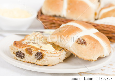 Hot Cross Buns - Spiced sweet buns with raisins. Easter meal Hot Cross Buns - Spiced sweet buns with raisins. Easter meal 11597397