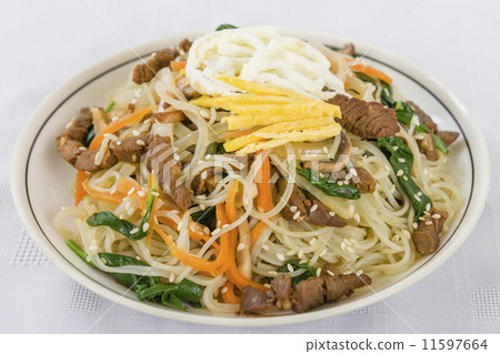 Japchae - Stir fried Korean noodles with beef, mushrooms and veg Japchae - Stir fried Korean noodles with beef, mushrooms and veg 11597664