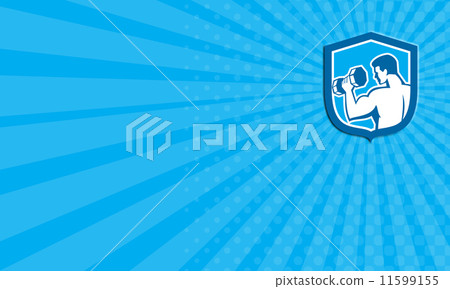 Business card Man Lifting Dumbbell Shield Retro 11599155