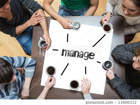 Manage on page with people sitting around table drinking coffee 11600312