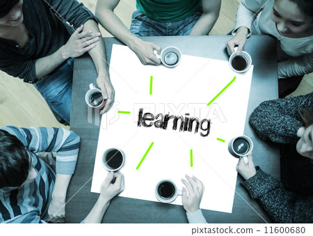 Learning on page with people sitting around table drinking coffe 11600680