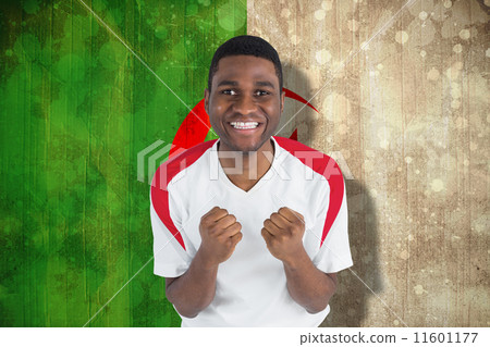 Composite image of excited football fan in white cheering Composite image of excited football fan in white cheering 11601177