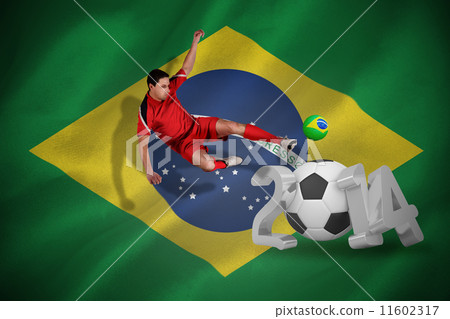 Composite image of fit football player jumping and kicking Composite image of fit football player jumping and kicking 11602317