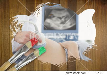 Composite image of woman getting an ultrasound Composite image of woman getting an ultrasound 11602413