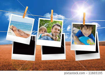 Composite image of instant photos hanging on a line 11603195