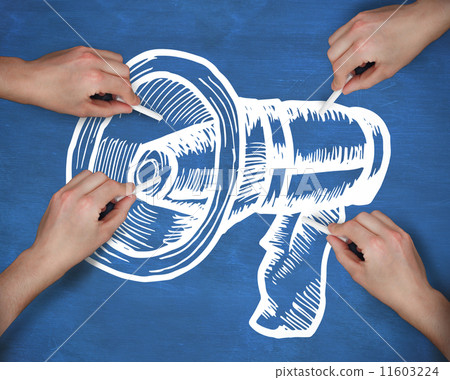 Composite image of multiple hands drawing megaphone with chalk Composite image of multiple hands drawing megaphone with chalk 11603224