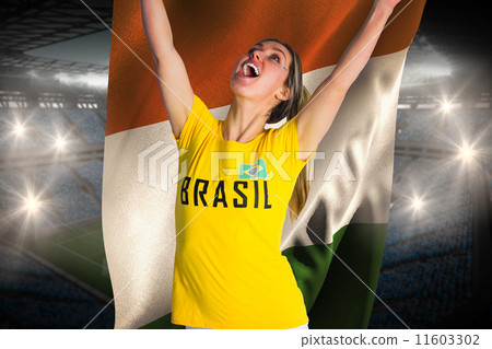 Composite image of pretty football fan in brasil t-shirt holding Composite image of pretty football fan in brasil t-shirt holding 11603302
