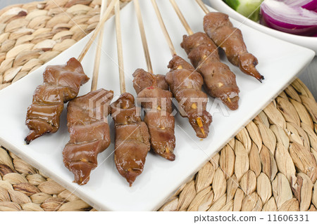 Duck Satay served with peanut sauce, red onions and cucumber.  11606331