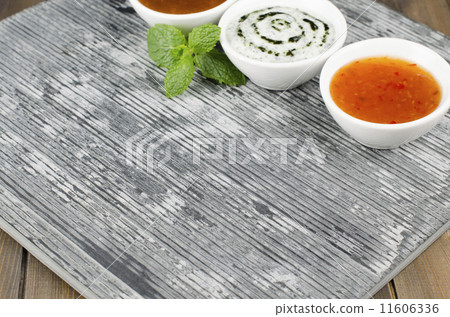 Slate with chili sauce, mint raita, mango chutney & mint leaves Slate with chili sauce, mint raita, mango chutney & mint leaves 11606336