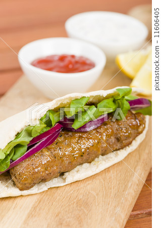 Seekh Kebab in Pita Bread - Grilled minced meat kebab sandwich  11606405