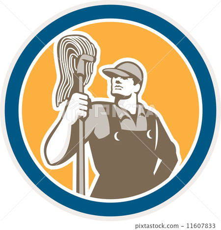 Janitor Cleaner Holding Mop Circle Retro 11607833