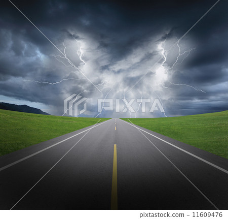 rainstorm clouds and lightning with asphalt road and grass rainstorm clouds and lightning with asphalt road and grass 11609476