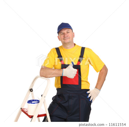 Worker on ladder showing sign okey. Worker on ladder showing sign okey. 11611554