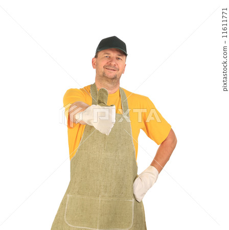 Worker in apron with thumbs up. 11611771