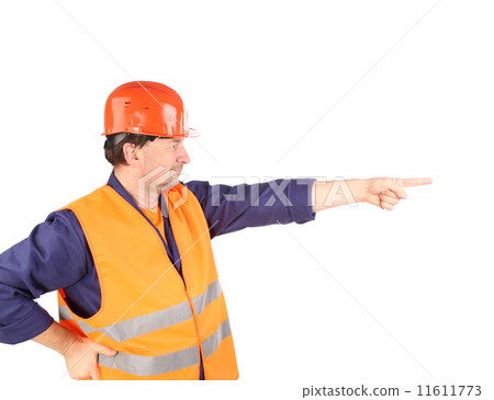 Worker in reflective waistcoat point the finger. Worker in reflective waistcoat point the finger. 11611773