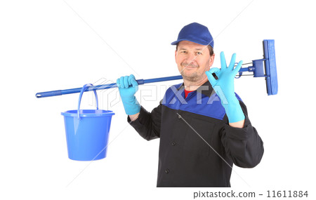 Man holding broom and bucket. 11611884