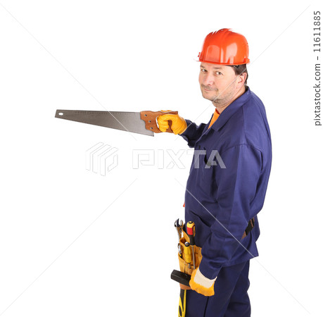 Worker with hand saw. 11611885