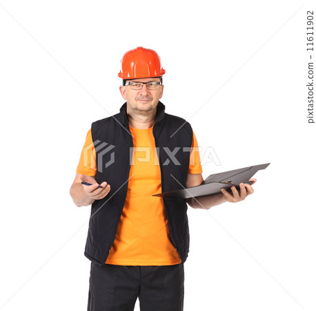 Man in workwear and hard hat with a folder Man in workwear and hard hat with a folder 11611902