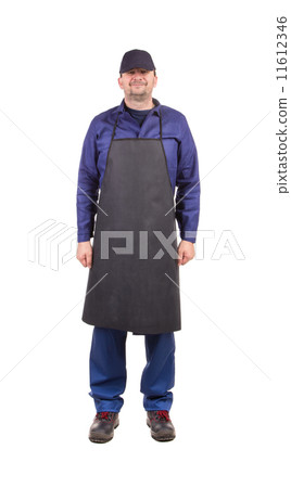 Worker wearing black apron. 11612346