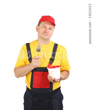 Worker in hat with paint brush. Worker in hat with paint brush. 11612415